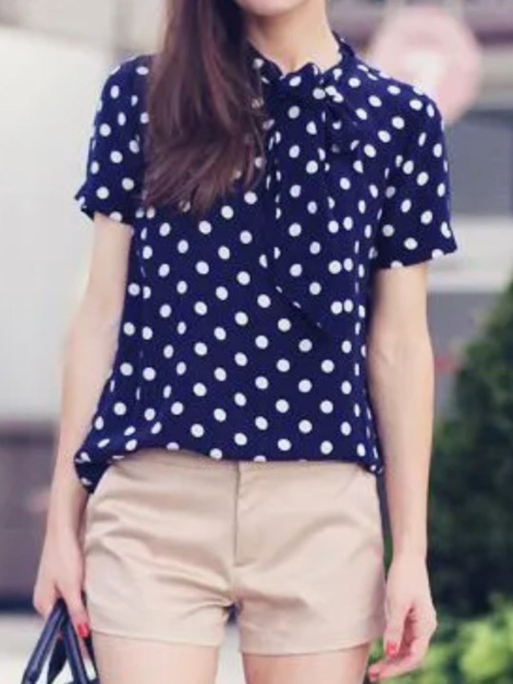 J. Crew Navy and White Polka Dot Tie Neck Top Size 6
